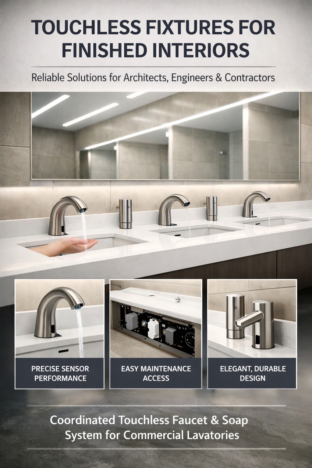 Coordinated touchless faucet and soap system concept for commercial lavatory sink zones